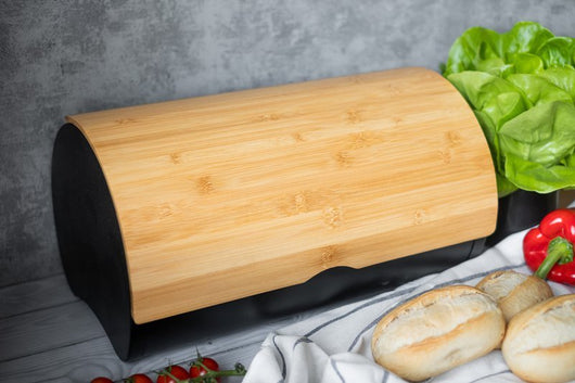 Elitehoff 2738 Modern Black Metal and Bamboo Bread Box