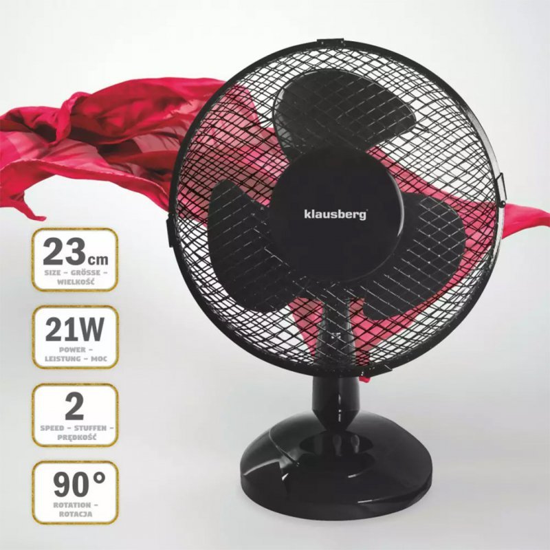 Klausberg KB-7473 Ventilatore da tavolo elegante nero da 23 cm con funzione pivotante
