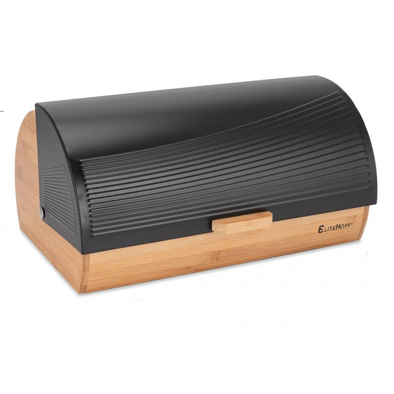 Elitehoff E-6053 Modern Bamboo Bread Box con coperchio in acciaio nero