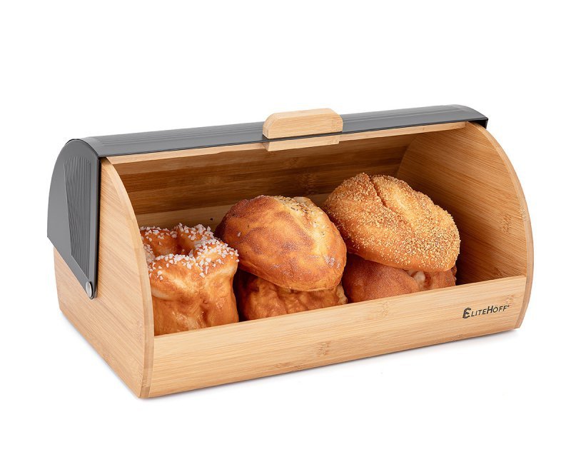Elitehoff E-6053 Modern Bamboo Bread Box con coperchio in acciaio nero
