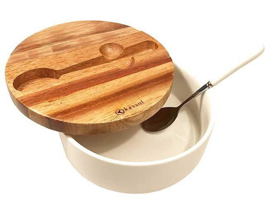 Kassel 93557 Zuccheriera in porcellana bianca con cucchiaio e coperchio in acacia