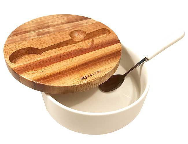 Kassel 93557 Zuccheriera in porcellana bianca con cucchiaio e coperchio in acacia