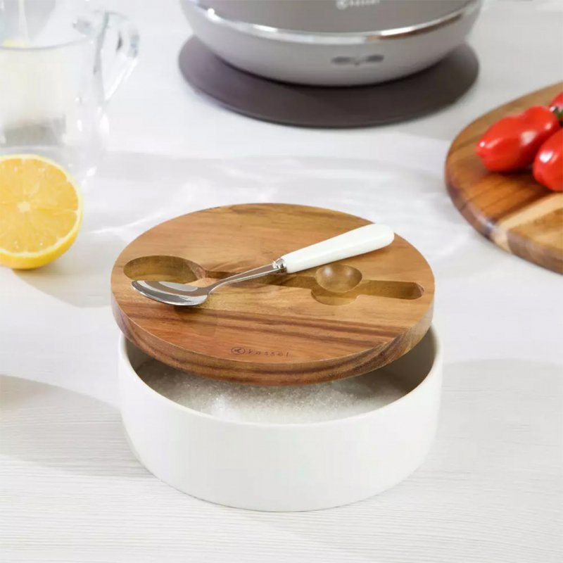 Kassel 93557 Zuccheriera in porcellana bianca con cucchiaio e coperchio in acacia