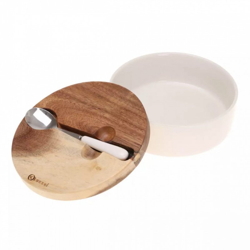 Kassel 93557 Zuccheriera in porcellana bianca con cucchiaio e coperchio in acacia