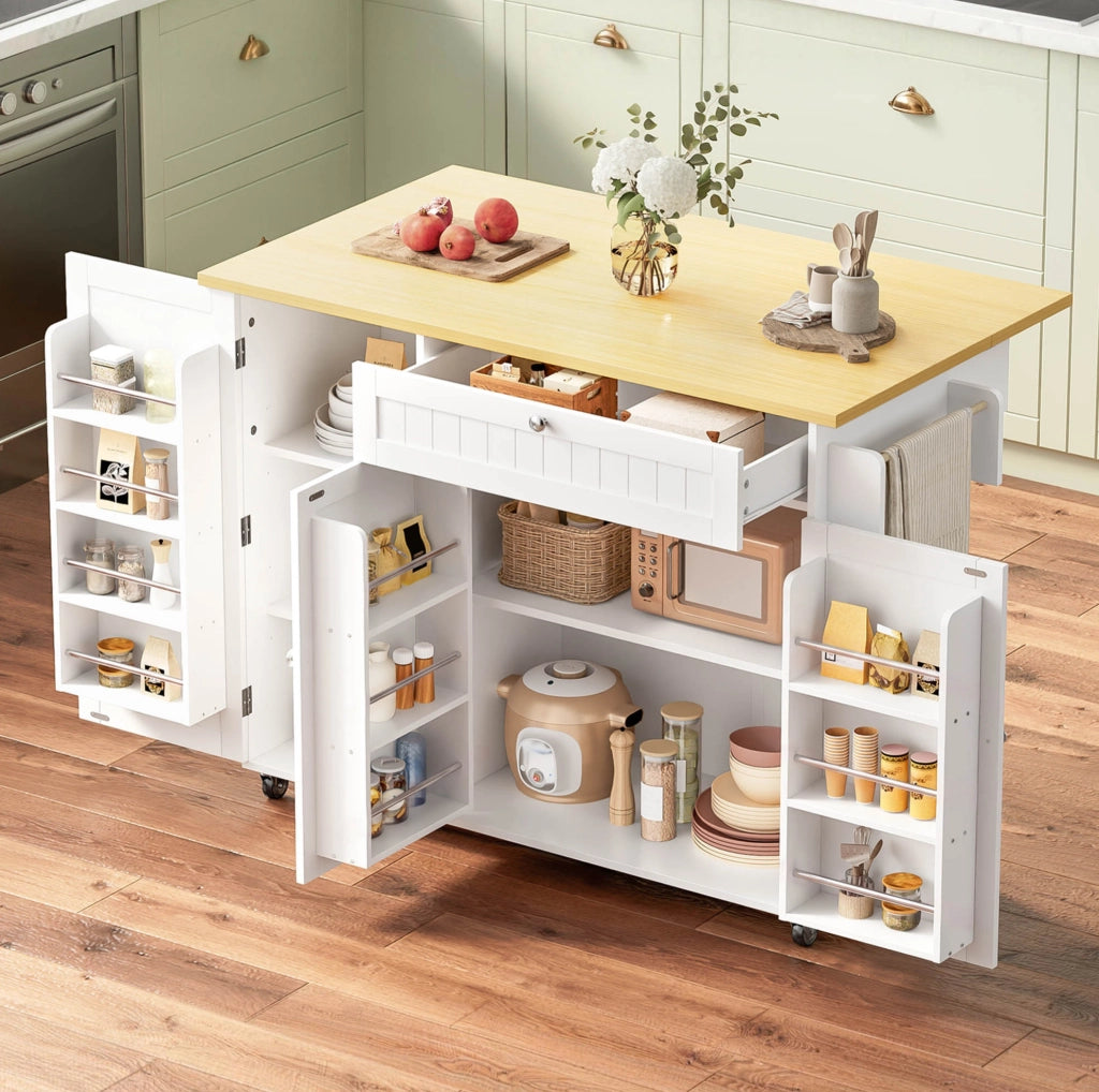 Carrello cucina 120x45(70)x92 cm con piano ribaltabile in MDF naturale e bianco