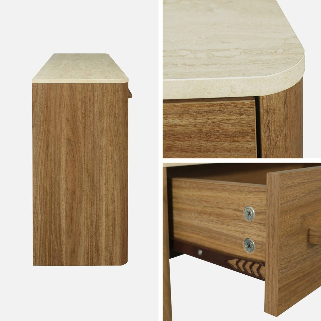 Consolle decorativa in legno e effetto travertino con 2 cassetti