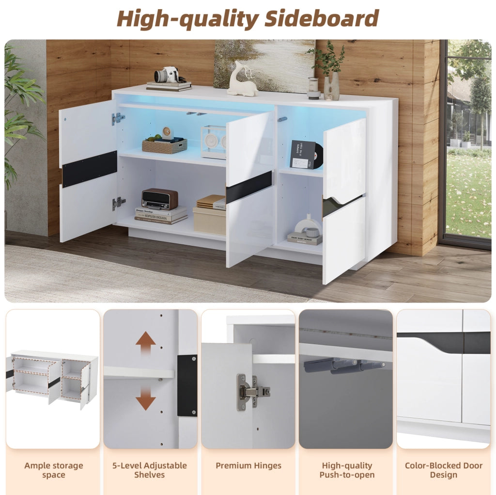 Credenza ULEVR 140x40x70 cm con 3 ante, 5 ripiani regolabili e LED USB, bianco e nero