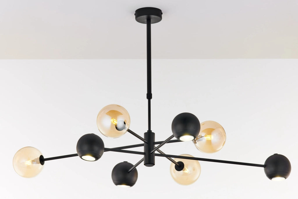 Lampadario moderno nero sfere vetro ambra 8 luci Jupiter