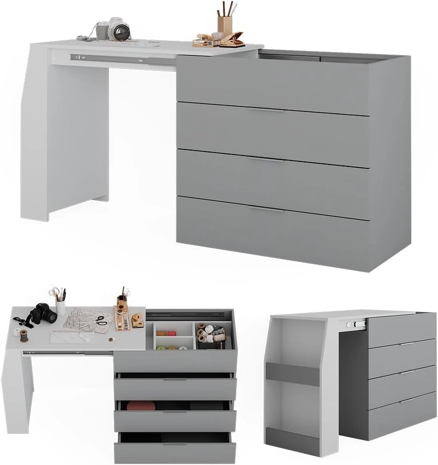 Tavolo per l'artigianato Iva, Grigio, 95.5 x 80 cm pieghevole, 4 cassetti, estendibile per ampliare la superficie di lavoro