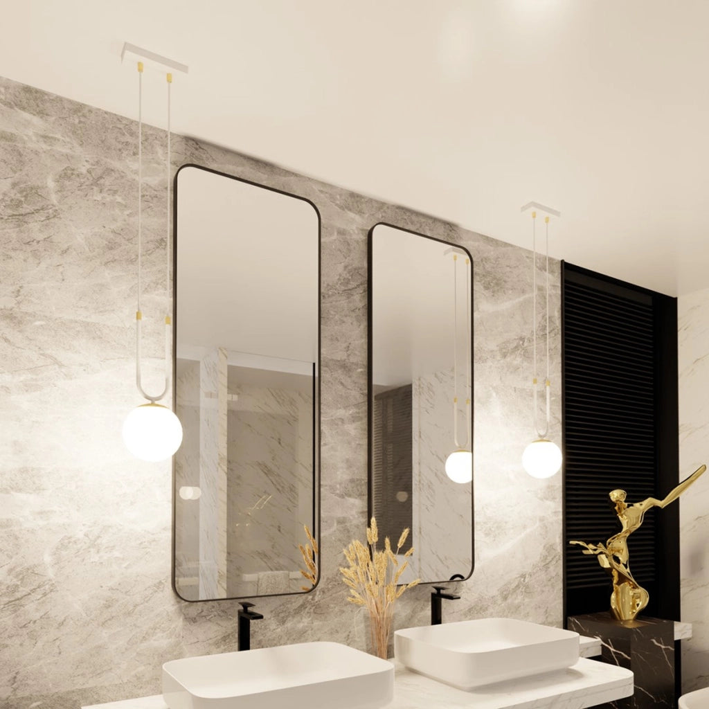 Lampada a sospensione GLAM in acciaio bianco opale e oro