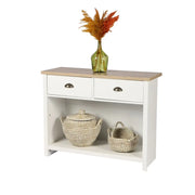 Consolle con 1 ripiano e 2 cassetti di design coloniale - 97x35xH76 cm, colore bianco e piano in rovere chiaro - Collezione MADERA