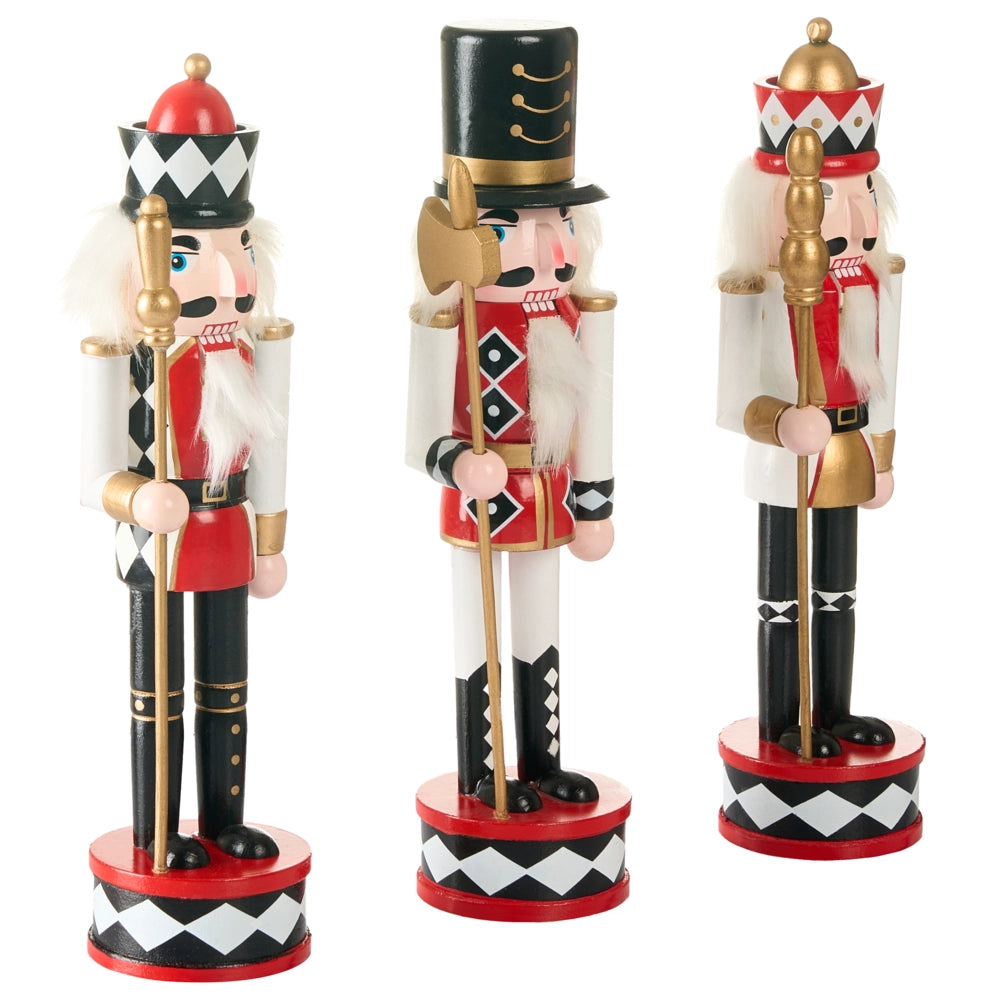 Set di 3 statuine di schiaccianoci in legno di pino Decorazioni natalizie con bocca apribile Fatte a mano Bianco e rosso decorazione natalizia