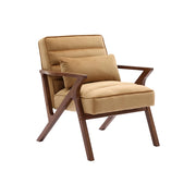 Poltrona scandinava in legno di hevea e velluto, camel