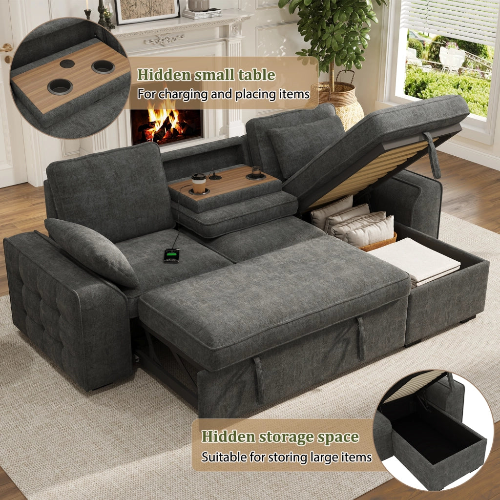 Divano angolare convertibile con vano contenitore portabicchieri e porta USB in ciniglia grigio 237 × 141 × 86 cm