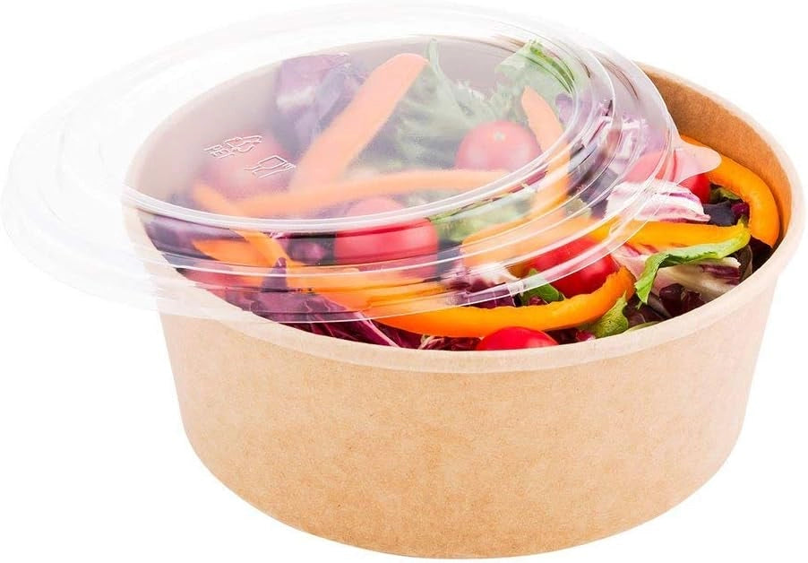 4 Ciotole 750ml Bio Per Cibo Caldo e Freddo In Cartone Con Coperchio Rotondo