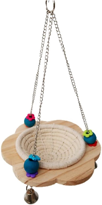 Nido per uccelli in sospensione, gioco per uccelli, nido oscillante per uccelli, corda in cotone naturale per nido, con 3 campane in metallo, per uccelli, nido, nido a mano per uccelli