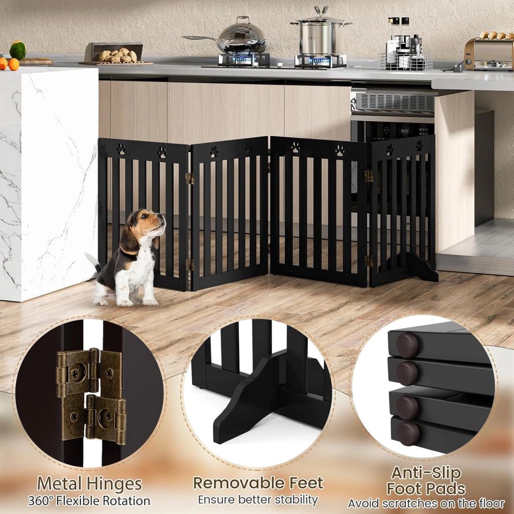 Cancelletto per Cani Pieghevoli 204 x 60 cm, Barriera per Cani in Legno a 4 Pannelli con Piedini Stabili, Recinzione per Scale, Ingressi e Corridoi (Marrone)