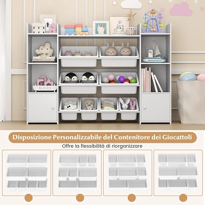 Organizer Giocattoli per Bambini, Scaffale di Legno a 4 Livelli con 8 Cestini Removibili, Armadio di Stoccaggio, per Camera dei Bambini Asilo, 142x30x100 cm