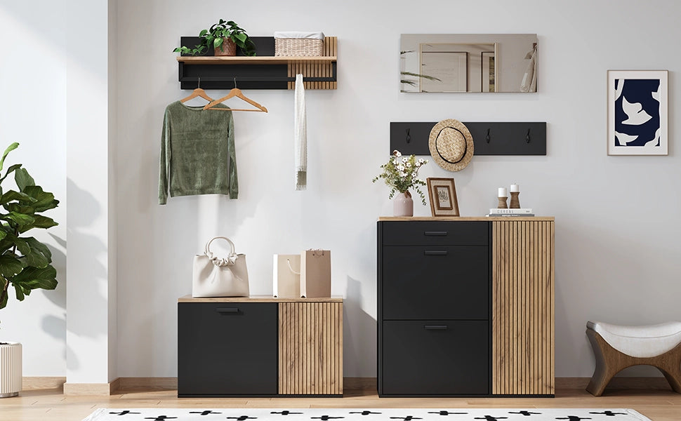 Set da ingresso 5 pezzi con specchio; 2 armadietti; 4 ganci e mensola; truciolato; nero e legno