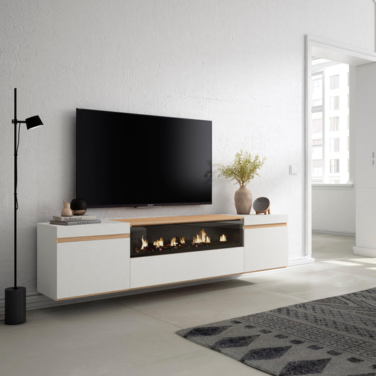 Mobile TV Soggiorno, 200x45x35cm, Per TV fino a 80", Camino elettrico, Sospeso, da appendere, Bianco e Rovere soft