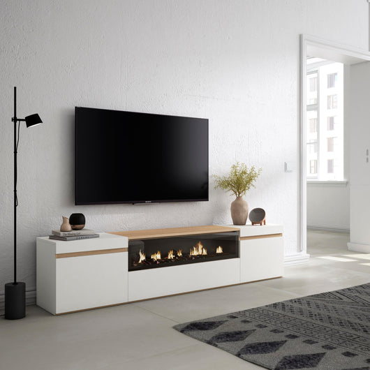 Mobile TV Soggiorno, 200x45x35cm, Per TV fino a 80", Camino elettrico, Bianco e Rovere soft