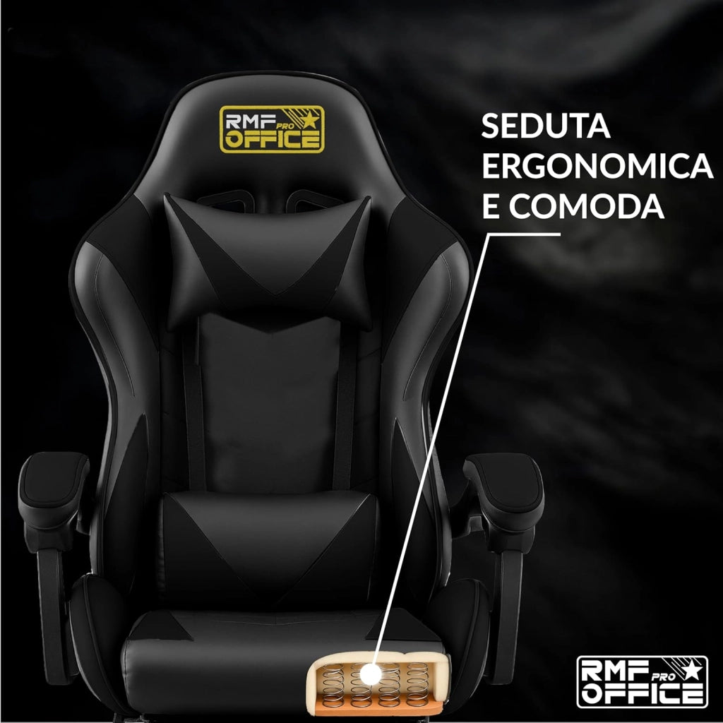 RMF Sedia Gaming Professionale Ergonomica Reclinabile, Poltrona Gaming Seduta Comoda e Rilassante con Poggiapiedi - Sedia per Gamer con Ruote Girevoli, Altezza Regolabile (Nera)
