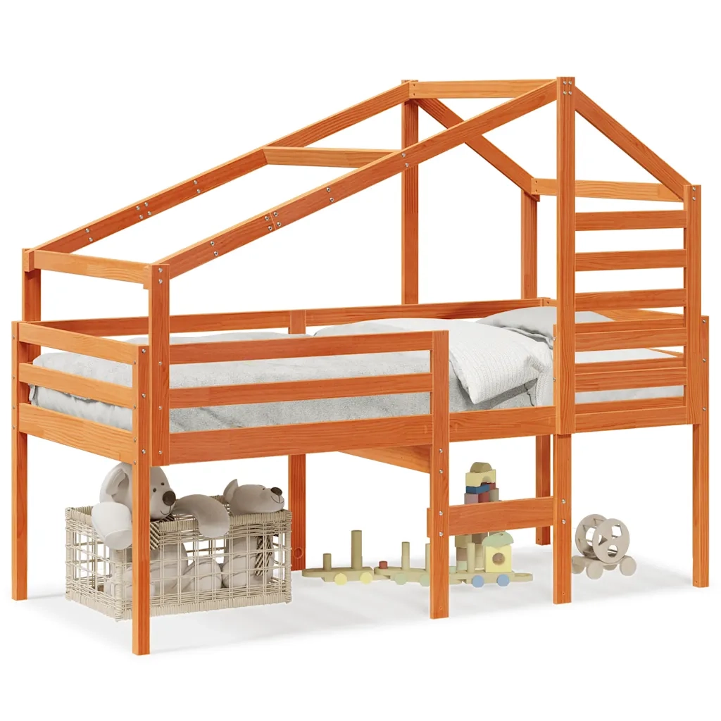 Letto singolo | Letto per adulti | Letto a Soppalco con Tetto Cera 80x200 cm in Legno di Pino