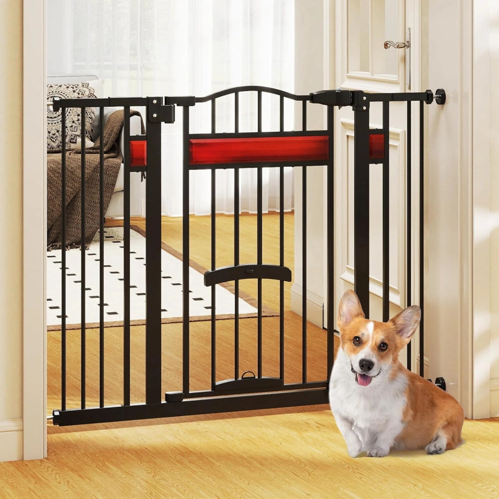Cancello per Cani per Aperture da 74 a 104 cm, Recinto Espandibile con 2 Prolunghe, Installazione Senza Fori con Supporti, Doppia Chiusura, Cancello Metallico per Scala e Ingresso (Nero)