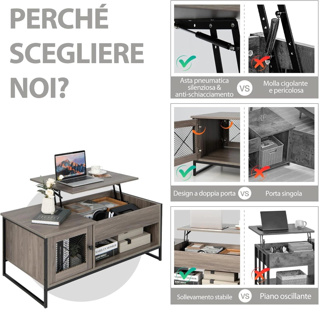 Tavolino da Salotto in Legno, Tavolino Basso Sollevabile con Scompartimento Nascosto, Tavolino da Divano Moderno per Soggiorno e Ufficio, 104 x 55 x 58 cm, Grigio