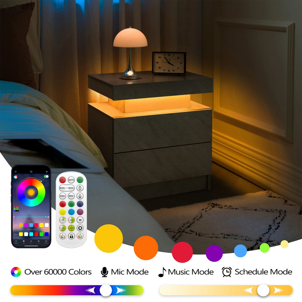 Comodino con LED regolabile, 2 cassetti e vano aperto, per camera da letto, in legno ingegnerizzato, grigio scuro