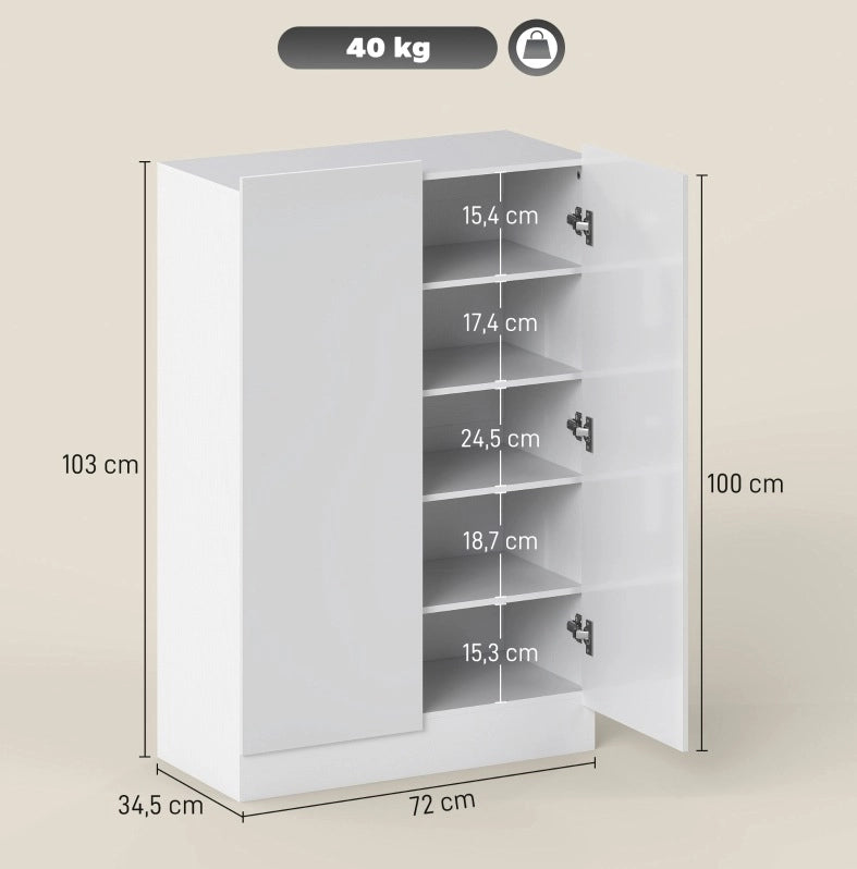 Scarpiera 72x34,5x103 cm bianca in MDF con 5 livelli regolabili