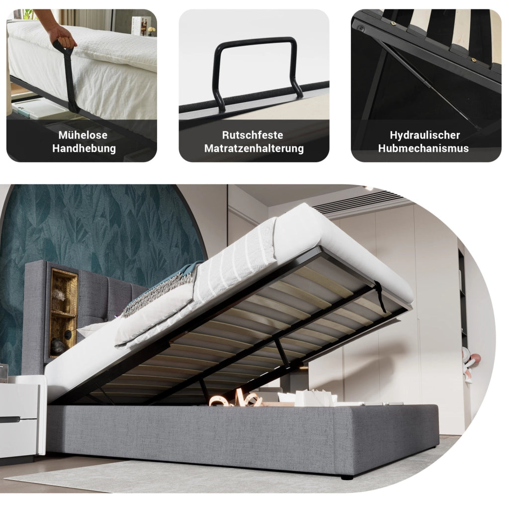 Letto matrimoniale imbottito 140x200 cm grigio in cotone con ricarica wireless; USB e contenitore