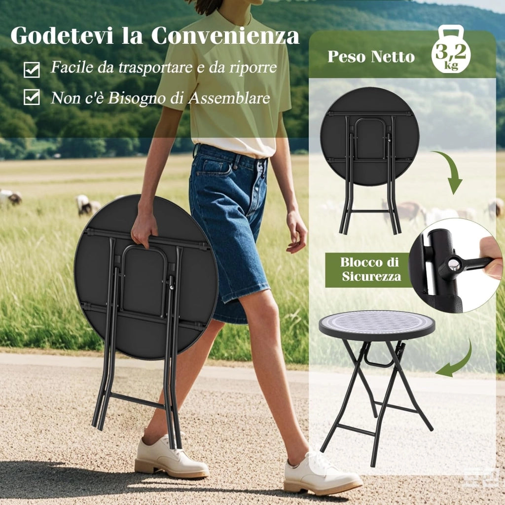 Tavolino da Giardino Pieghevole da 46 cm, Tavolino Rotondo Compatto da Patio, con Piano in Vetro Temperato e Struttura in Metallo, Tavolino Laterale Portata 50 kg (Grigio)