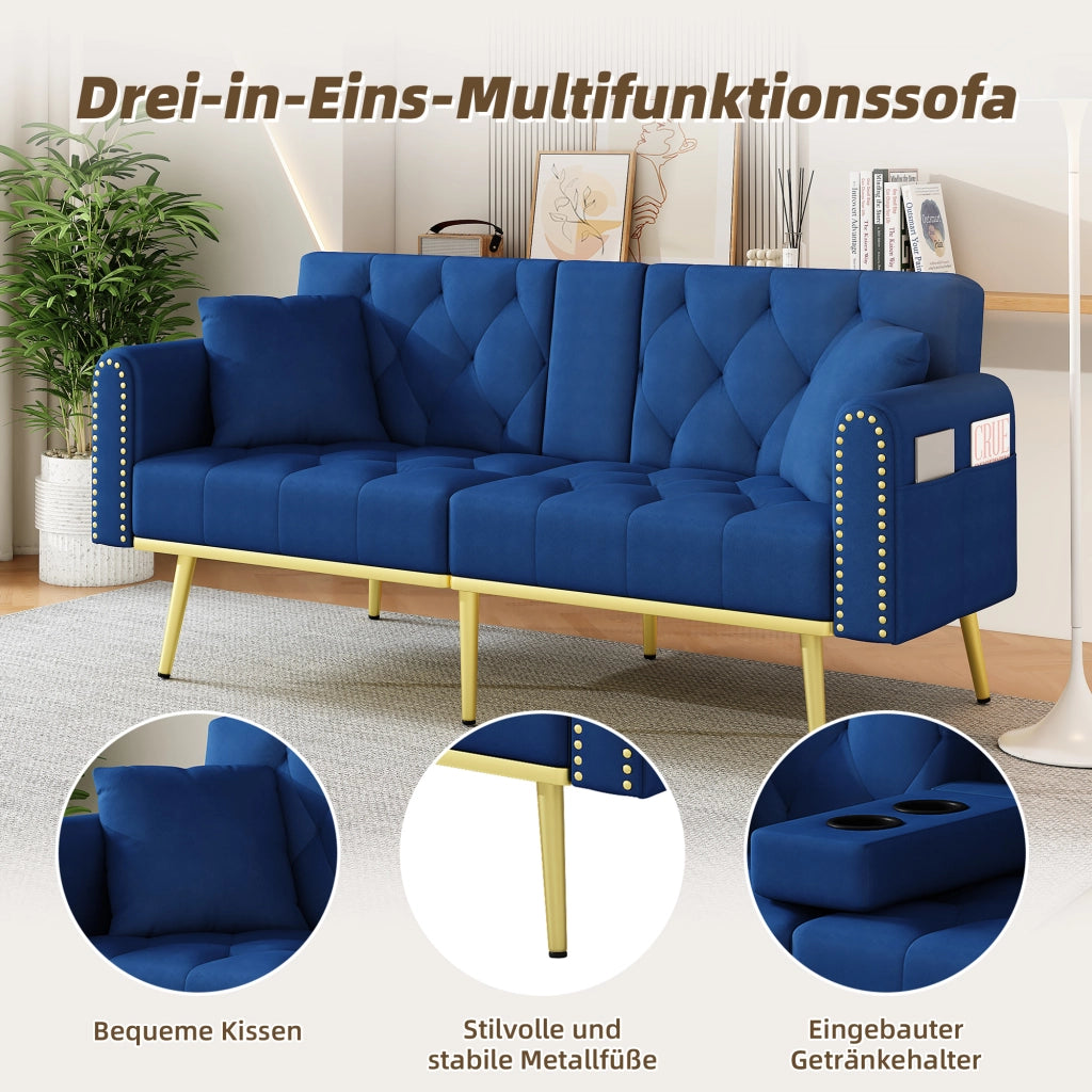 Divano letto convertibile con schienale regolabile, portabicchieri, tasca laterale e cuscini in velluto blu