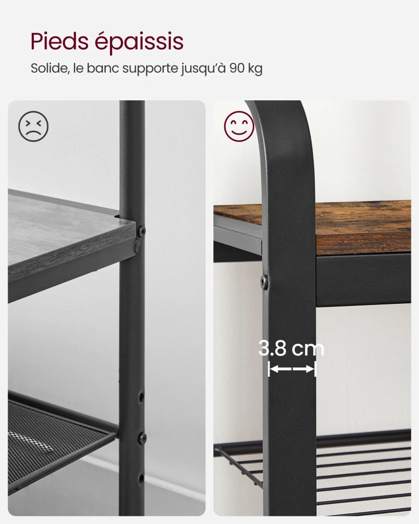 Appendiabiti da ingresso con ganci estraibili panca e scarpiera lungo 84 cm struttura in metallo in stile industriale marrone rustico e nero 12_0007141