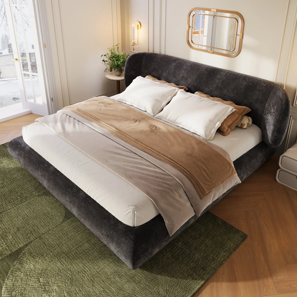 Letto matrimoniale 140x200 cm imbottito in ciniglia con rete a doghe e testiera; grigio