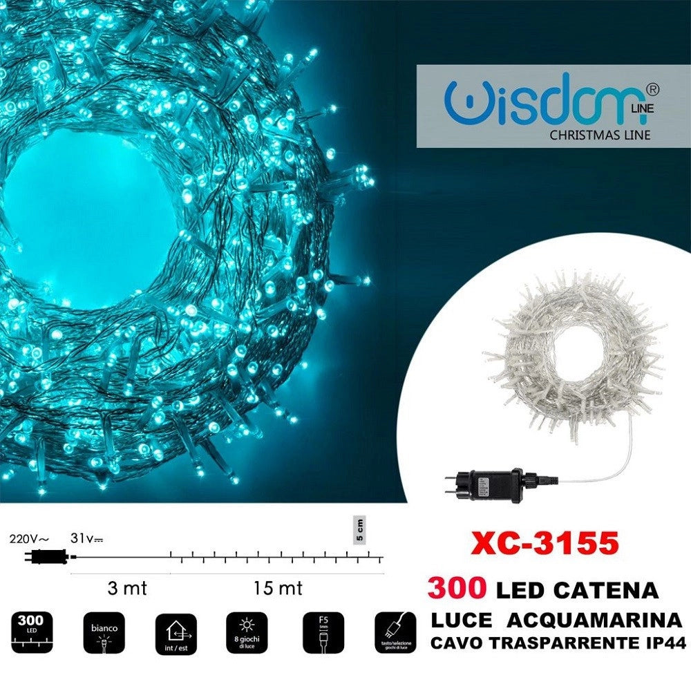 Trade Shop - Catena Luminosa 300 Luci Led Lucciole Luce Acquamarina Cavo Trasparente Xc-3155 -