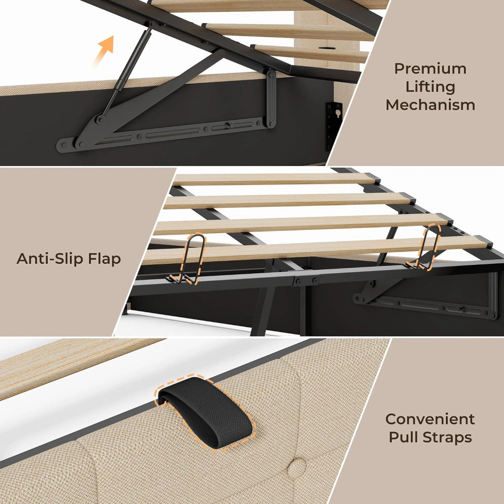 Letto contenitore idraulico 160X200CM, letto matrimoniale imbottito con testiera e contenitore, giroletto con rete a doghe, letto per ragazzi, senza materasso,Beige