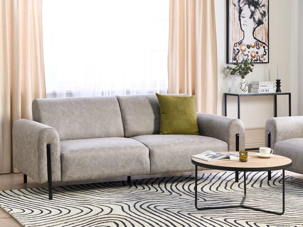 Divano 3 posti rivestito in tessuto effetto pelle grigio schienale regolabile stile moderno