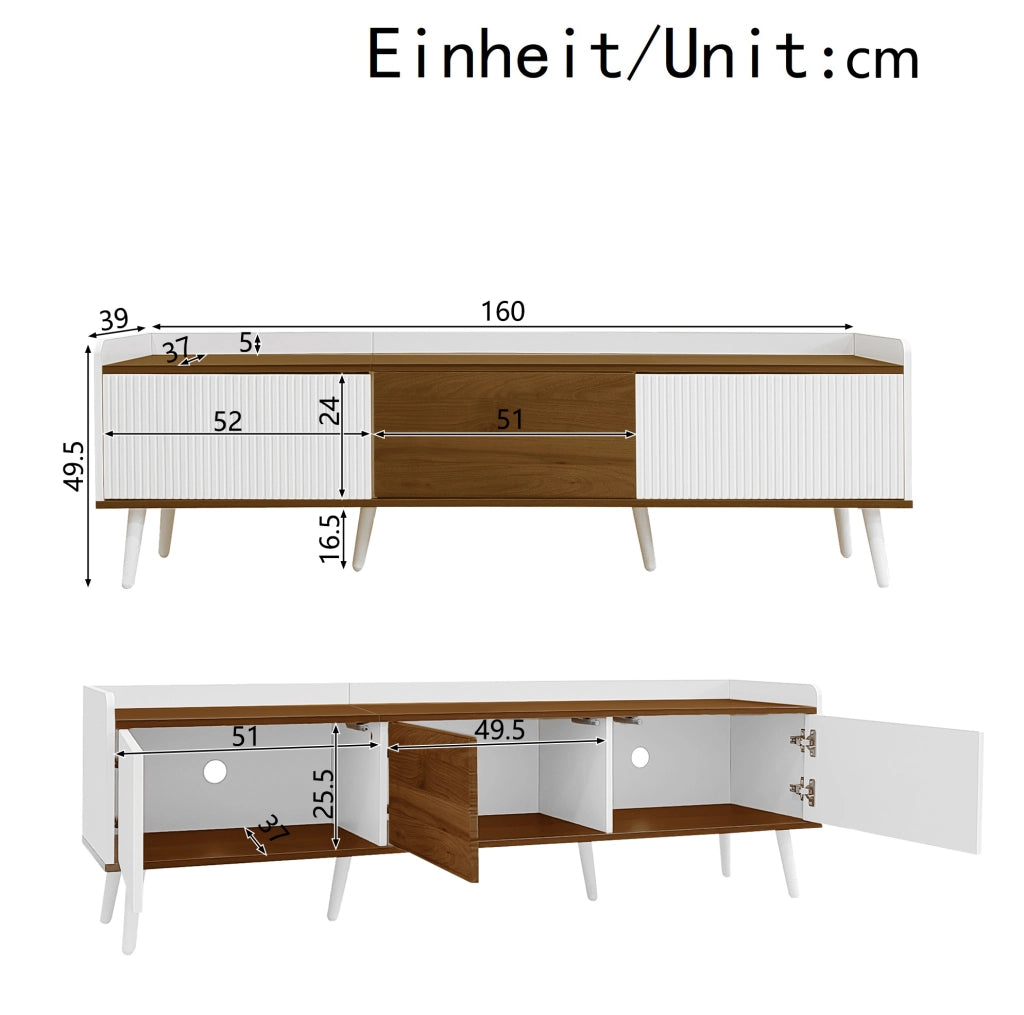 Mobile TV 160x39x49.5 cm con 3 ante e bordo rialzato in MDF e truciolato bianco e naturale