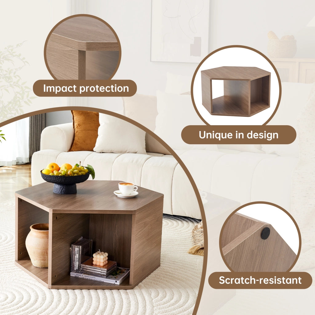 Tavolino da caffè esagonale con montaggio rapido - per soggiorno - 79x69.4x40 cm - in MDF - marrone