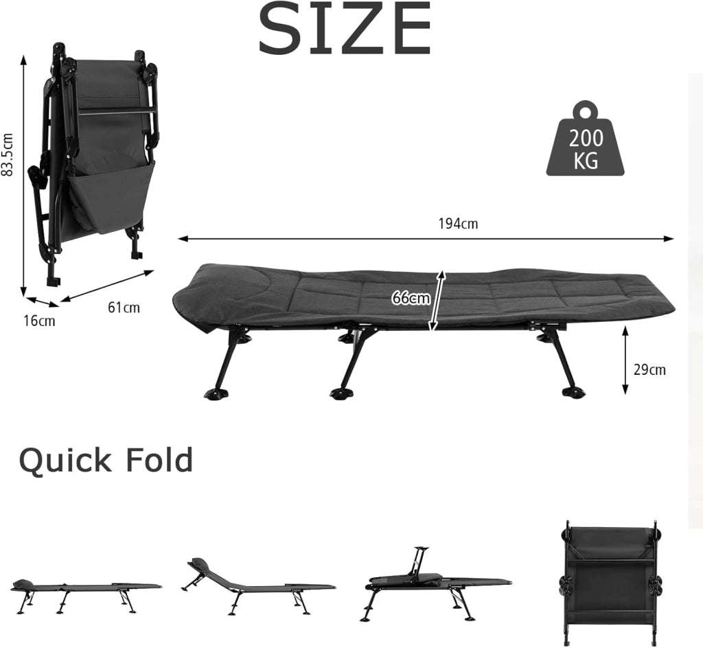 Lettino da Campeggio Pieghevole, Schienale Regolabile in 6 Livelli, Brandina con Materasso Rimovibile, Letto Portatile con Piedini Girevole a 360°, per Spiaggia, Carico 200 kg (Grigio)