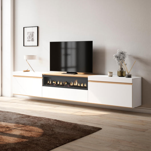 Mobile TV Soggiorno, 260x45x35cm, TV di grande formato, Camino elettrico, Sospeso, da appendere, Bianco e Rovere soft