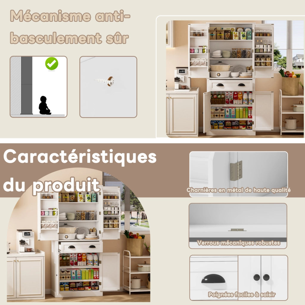 Armadio dispensa bianco 80×40×182 cm con ripiani regolabili e cassetto