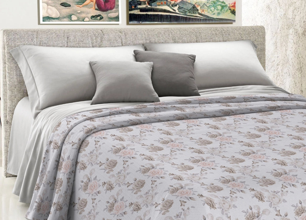 Copriletto Piquet Primavera Estate 100% Cotone Disegno Rosa Grande Floreale - Matrimoniale - Beige