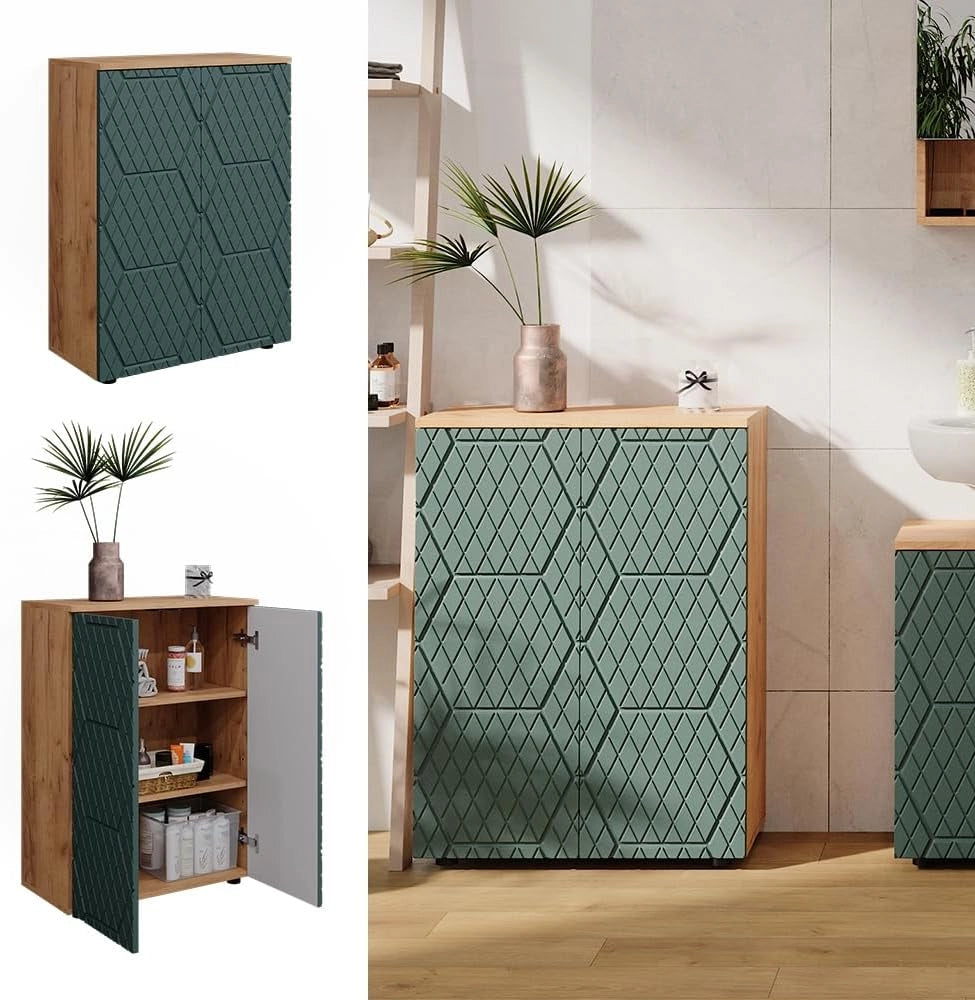 Mobile midi Irma, Goldkraft rovere/verde, 60 x 81 cm, per la conservazione in bagno e abbinabile alla serie Irma
