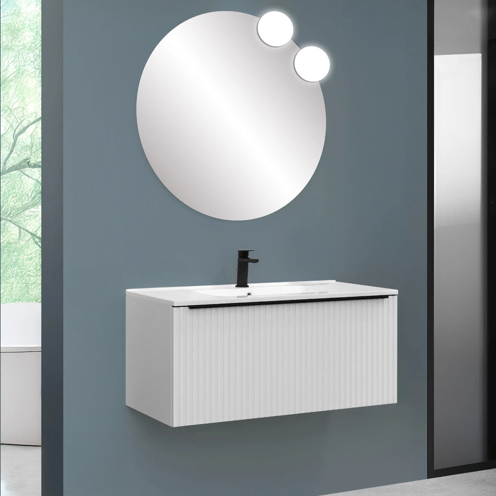 Mobile bagno sospeso 100 cm bianco opaco cannettato con cassetto e lavabo Nara