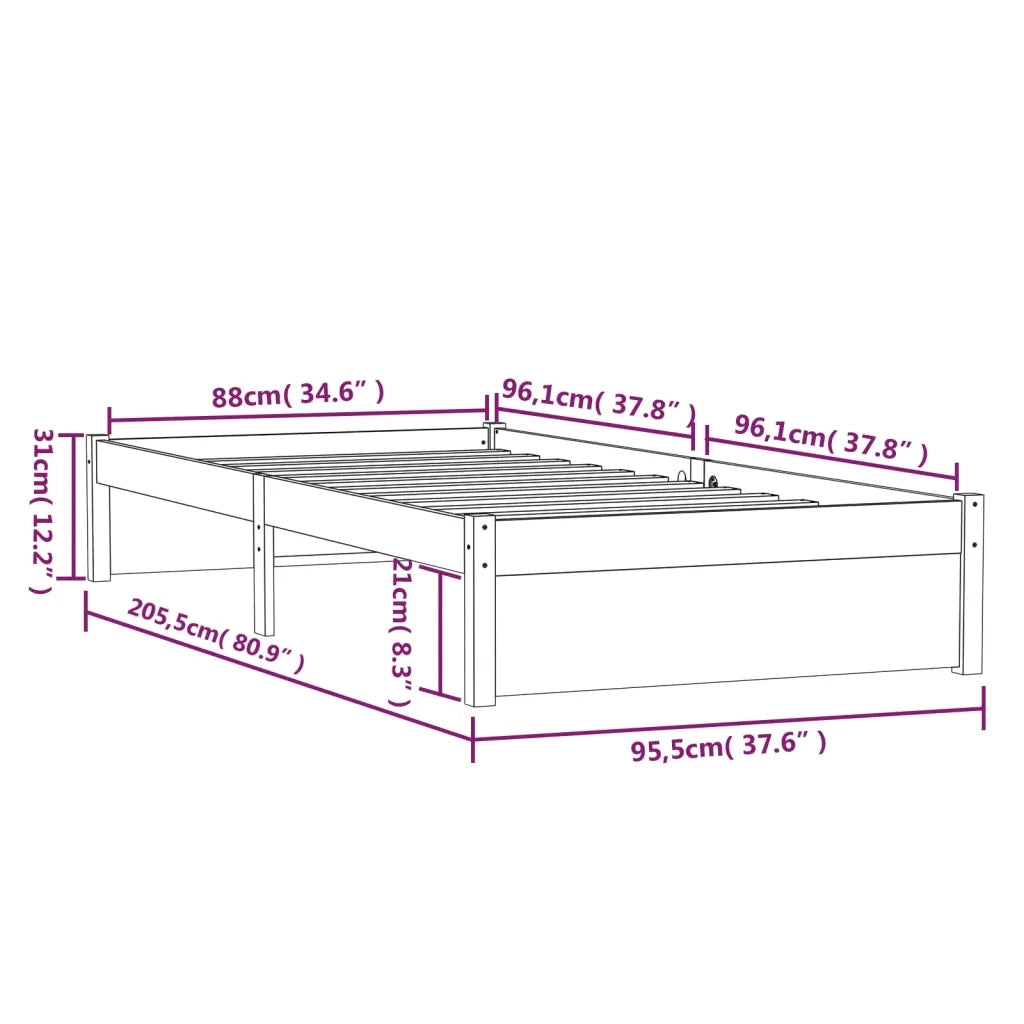 Letto singolo | Letto per adulti | Giroletto senza Materasso Ambra Legno Massello Pino 90x200 cm