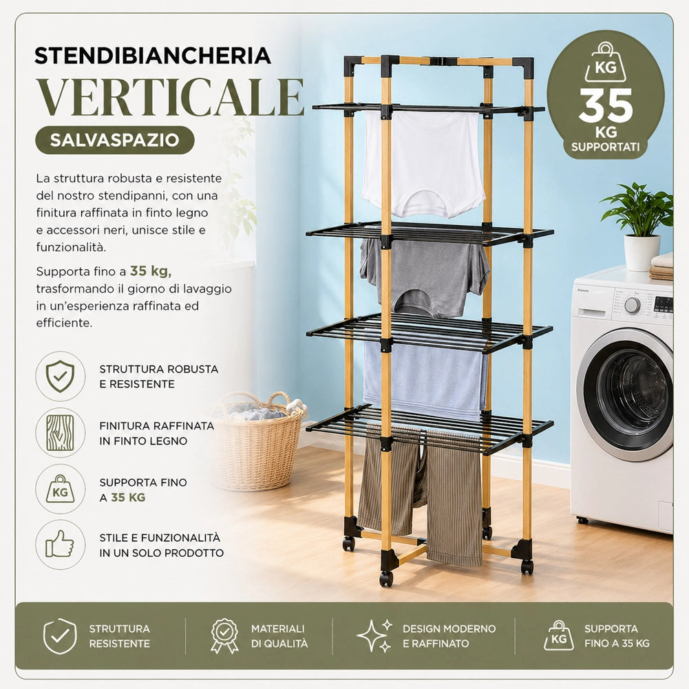 Stendibiancheria a Torre Verticale Pieghevole a 4 Livelli 69x175x69cm con Ruote