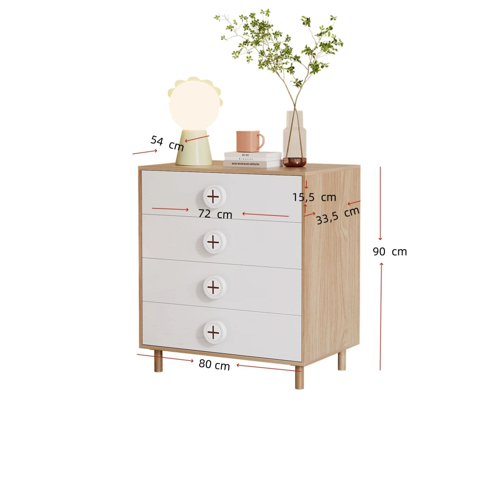 Comò con 4 cassetti e design a contrasto, per camera da letto e soggiorno, in MDF, bianco naturale, 80 × 54 × 90 cm